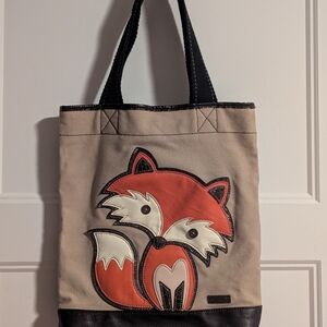 Chala Beige/Brown Canvas Tote with Embroidereded Fox Applique. Great Condition!